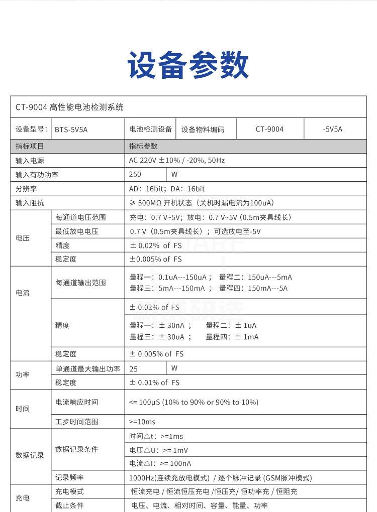 高性能电池检测系统的设备参数说明
